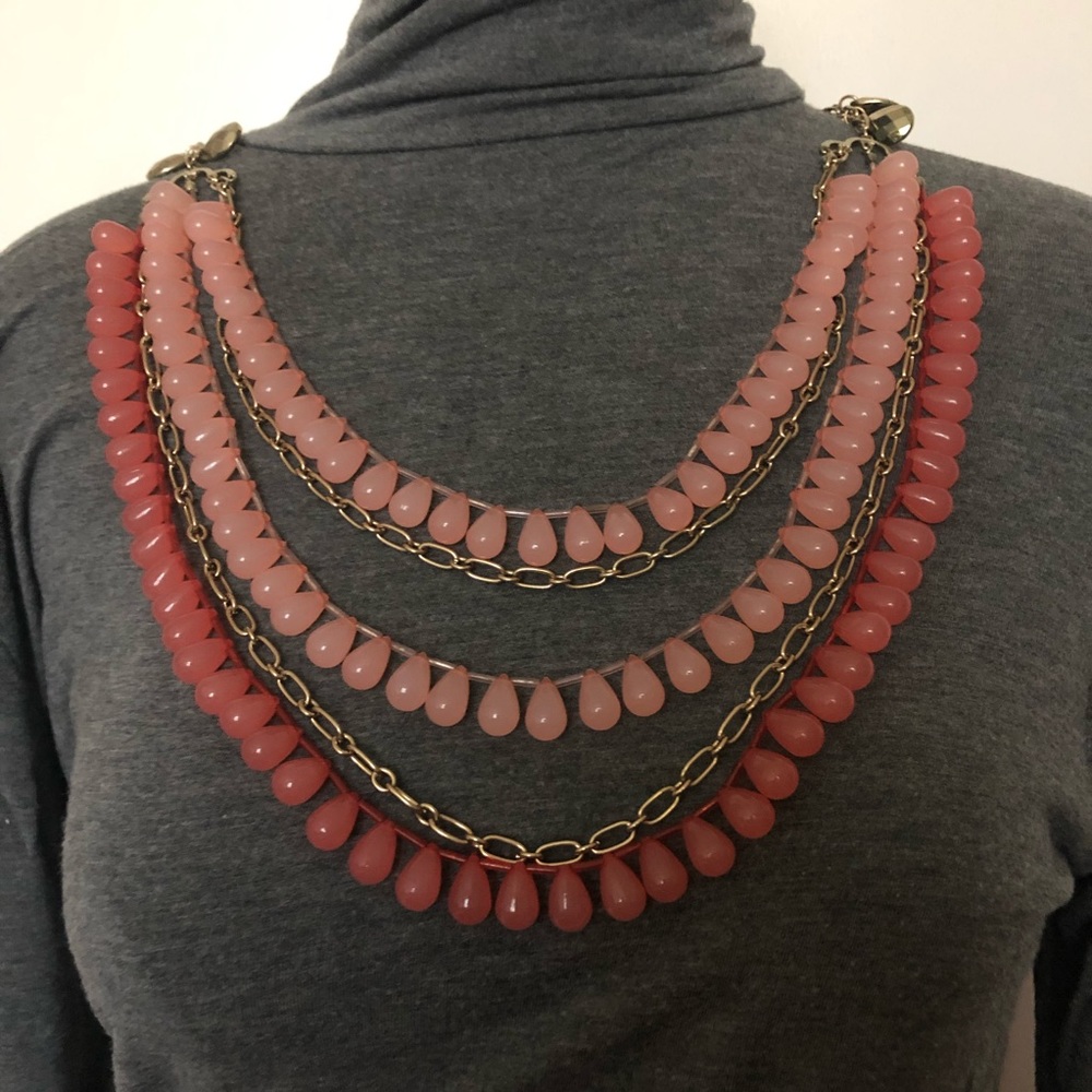Multi-strand coral pink & gold-tone necklace